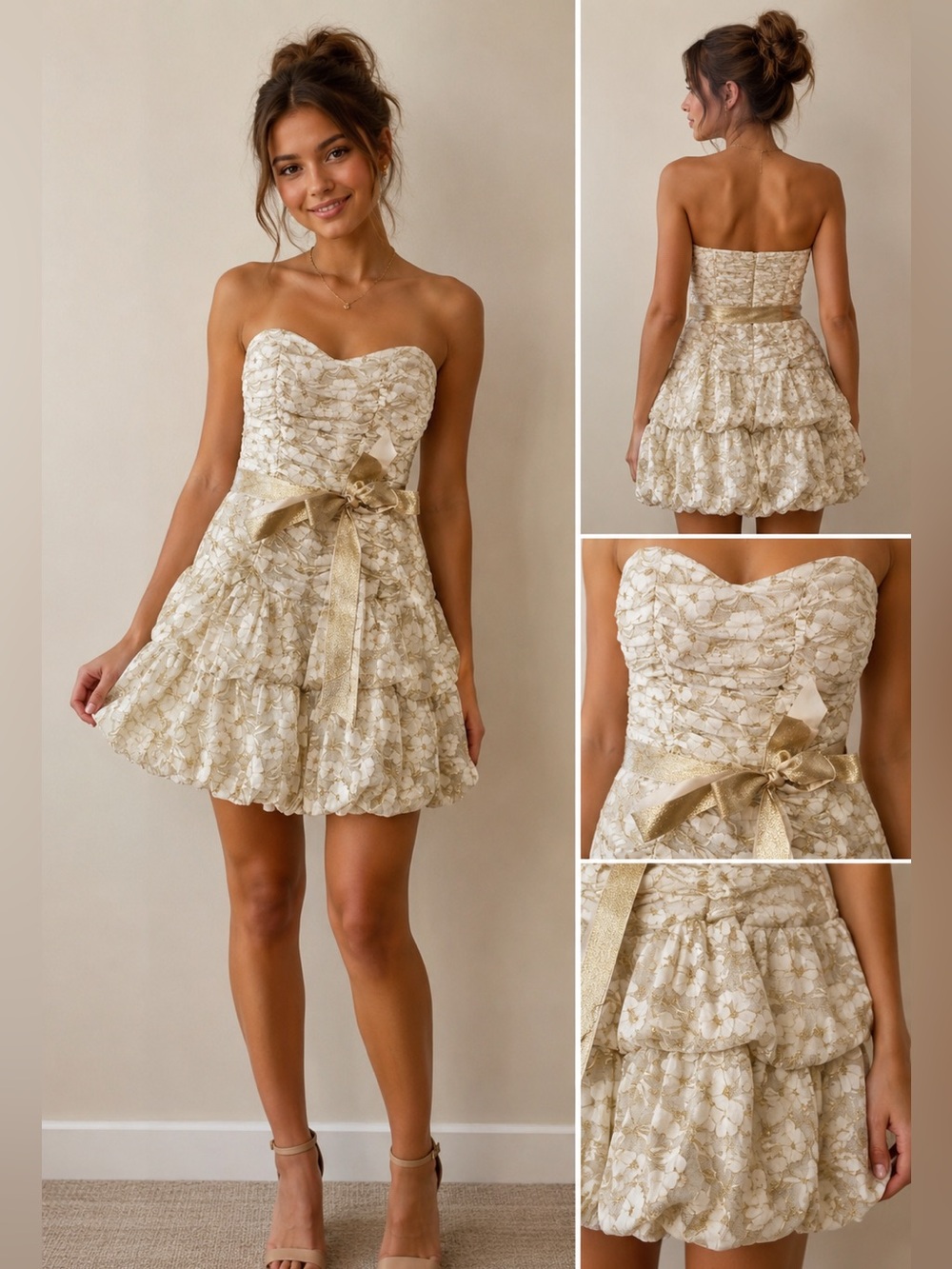 Girls dress​ STRAPLESS LACE GOLD AND FLOAT DETAIL SIZE L LARGE​​​